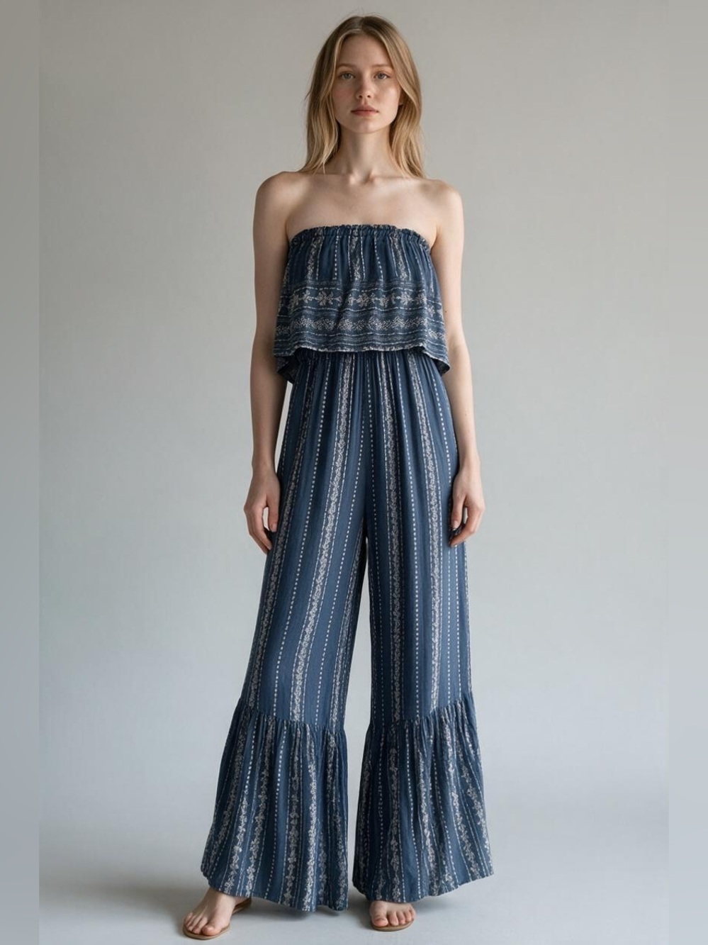 Japan Blue Floral Wide Leg Strapless Jumpsuit
